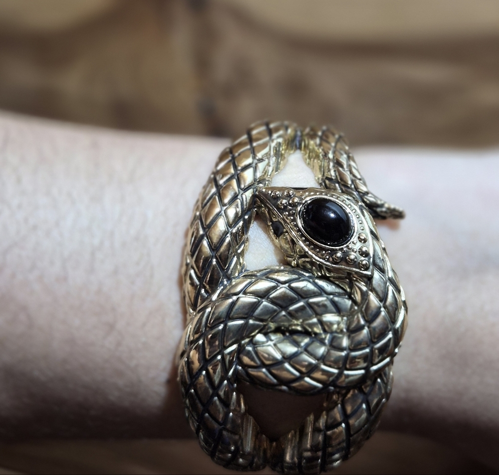Gold-Tone Snake Wrap Bracelet with Black Stone Accent